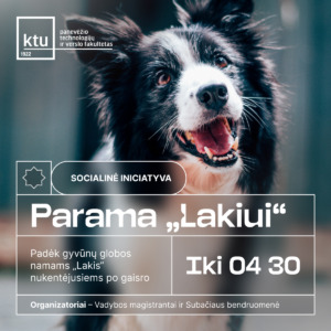 Socialinės iniciatyvos „Parama Lakiui“ vizualas, kviečiantis aukoti šunų maistą ir skanėstus gyvūnų globos namams.